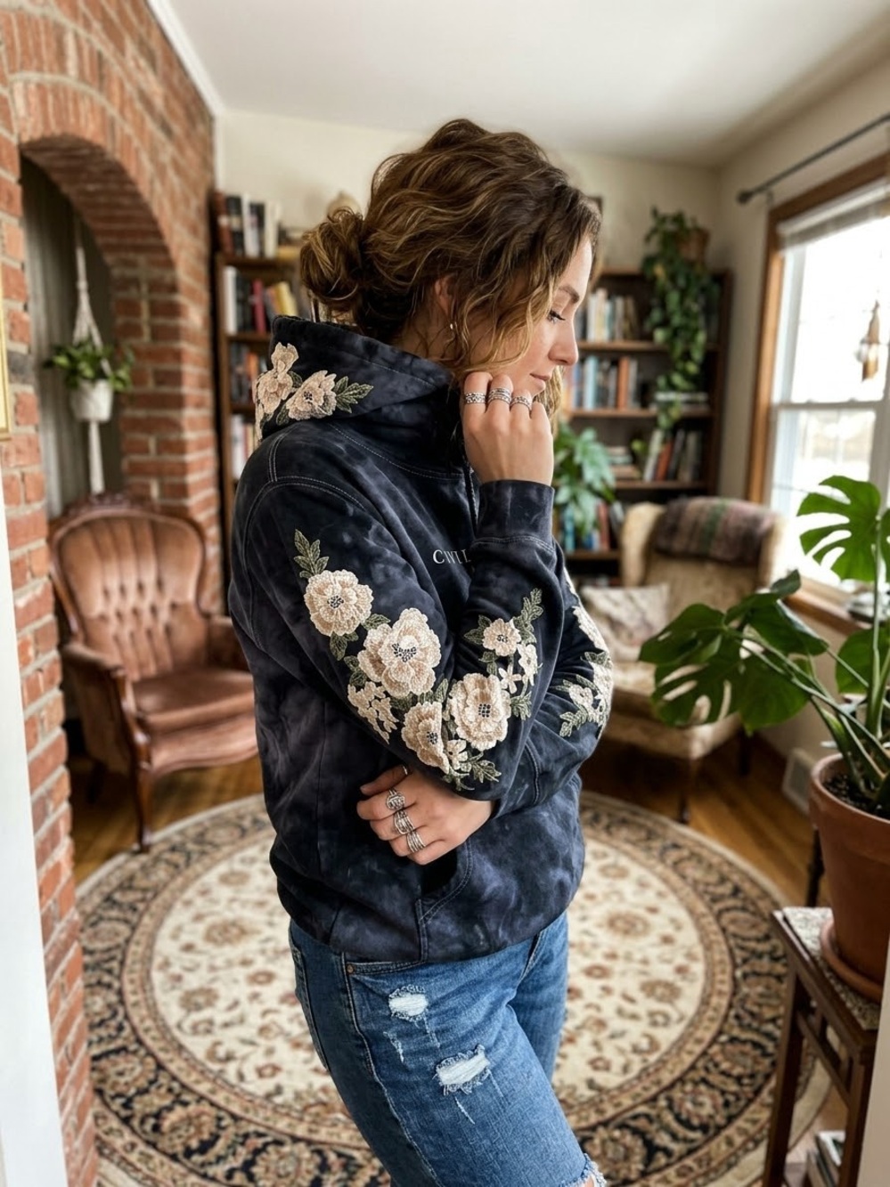 Civil Regime Medium Embroidered Floral Hoodie Black Tie-Dye Wash streetwear